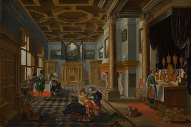 Renaissance-Interieur mit Bankettgästen, um 1618-1622