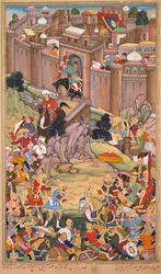 Die Belagerung von Arbela in der Ära von Hulagu Khan, aus einem Chingiz-nama (Buch von Chingiz Khan) des Jami al-tavarikh (Chronikensammlung) von Rashid al-Din (Persisch, 1247–1318)