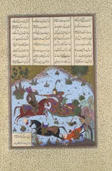 Gustaham tötet Lahhak und Farshidvard, Folio 349v aus dem Shahnama Buch von..., ca. 1525-30