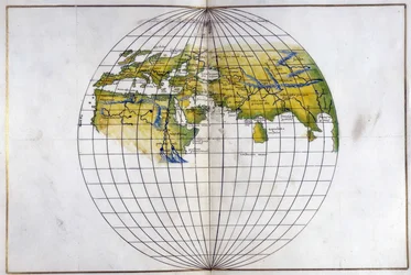 Eger. 2854. f.14v-15 Hemisphärenkarte der alten Welt, von Europa und Afrika bis Indien; zeigt die Einteilungen von Ptolemäus, ca. 1540