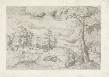 Panorama-Landschaft mit Ruinen, einer Stadt und Reisenden