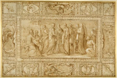 Eine Hochzeitszeremonie und andere Entwürfe zur Dekoration einer Decke