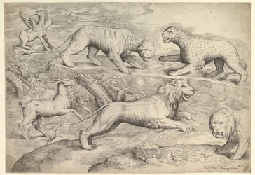 Sechs Tiere, darunter Löwen, ein Tiger, ein Leopard, ein Greif und eine Ziege, ca. 1530-61