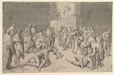 Die Philister stellen die Bundeslade in den Tempel Dagons, ca. 1540