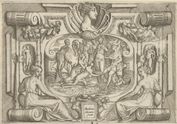 Ein Mann und eine Frau bieten einem König auf einem Thron eine Platte mit Münzen an