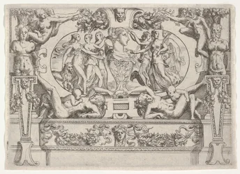 Büste einer Frau, flankiert von drei Frauen auf jeder Seite, in einem aufwendigen Rahmen, ca. 1540-80