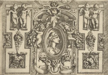 Büste einer Frau im Profil nach rechts, in einem aufwendigen Rahmen mit Putti, ca. 1540-80