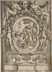 Das Urteil des Paris, ein Mann sitzt links und streckt die Hand zu einer Frau aus, die von ... flankiert wird, ca. 1540-80