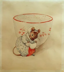 Frau Maus macht einen Knicks vor einer Teetasse