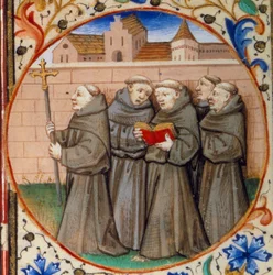 Szene des klösterlichen Lebens. Detail, das Mönche des Franziskanerordens darstellt. Miniatur aus dem „Stundenbuch nach dem Gebrauch von Paris“