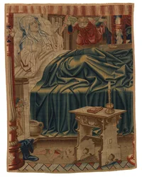 Beatrix Soetkens im Bett, aus der ersten Szene im ersten Wandteppich eines Satzes von vier, die die 