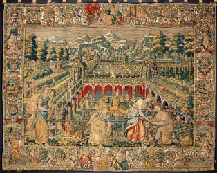 Obsternte-Szene. Wandteppich aus den Manufakturen von Brüssel. 16. Jahrhundert Genua, Musei di Strada Nuova