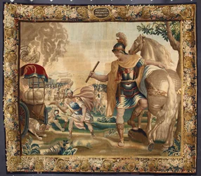 König Alexander der Große (356-323 v. Chr.) verbrannte vor seiner Reise nach Indien alles unnötige Gepäck. Tapisserie der Brüsseler Manufakturen, 16. Jahrhundert, Genua, Musei di Strada Nuova