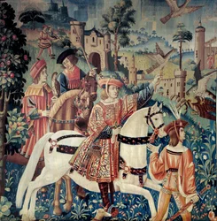 Mittelalter: Aufbruch zur Falkenjagd zu Pferde. Seiden- und Wolltapisserie vom Anfang des 16. Jahrhunderts. Aus dem Hennegau. Paris, Nationalmuseum des Mittelalters, Thermes de Cluny