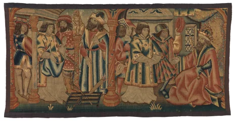 Wandteppich, Zwei Szenen aus dem Leben des Hl. Laurentius, möglicherweise hergestellt in Tournai, Belgien, oder Niederrhein, Frankreich oder Deutschland