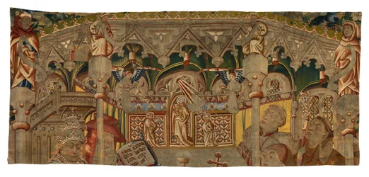 Wandteppichfragment, das ein Wunder des Heiligen Sakraments darstellt, hergestellt in Tournai, Belgien