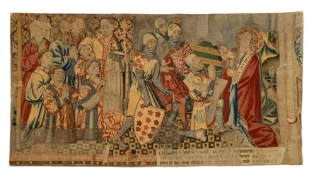 Wandteppichfragmente aus einem Wandteppich, der die Sieben Sakramente darstellt, hergestellt in Tournai, Belgien