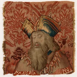 Wandteppichpanel mit dem Kopf eines Priesters oder Königs, möglicherweise hergestellt in Tournai, Belgien, möglicherweise Anfang des 16. Jahrhunderts (Wolle)