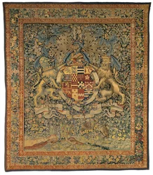 Verdure-Wandteppich mit den Wappen von Robert Dudley, Earl of Leicester, hergestellt in Flandern, Belgien, ca. 1570-85
