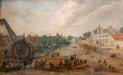 Ansicht von Gent Lievekaai und Augustijnenkaai mit einem Holzkraan, Kopie eines Gemäldes aus dem 18. Jahrhundert von Engelbert van Siclers