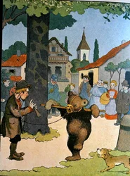 Der Bärenführer, Illustration aus „Le Buffon de Benjamin Rabier“, nach Georges de Buffons (1707-88) „Histoire Naturelle“ bearbeitet