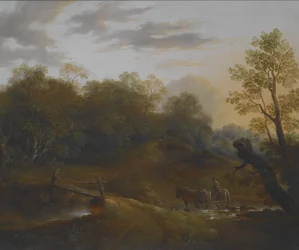 Ponywagen überquert einen Waldfluss, ca. 1815