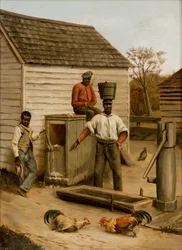 Hahnenkampf auf dem Bauernhof, 1860