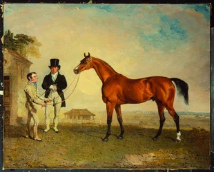 "Skiff", ein braunes Rennpferd, gehalten von einem Stallburschen auf Newmarket Heath, mit John Howe, dem Besitzer der Ställe, an seiner Seite, 1829