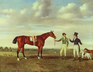 Zinganee gehalten von Sam Chifney Junior mit dem Besitzer Mr. William Chifney, in Newmarket, ca. 1829