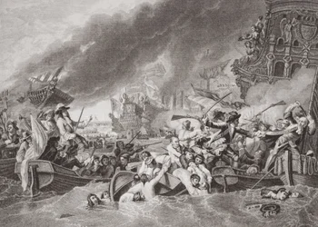 Die Schlacht von La Hogue, Zerstörung der französischen Flotte, 22. Mai 1692, aus `Illustrationen der englischen und schottischen Geschichte