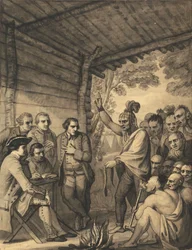 Die Indianer halten eine Rede vor Colonel Bouquet in einer Konferenz am Lagerfeuer in der Nähe seines Lagers am Ufer des Muskingum in Amerika, im Oktober 1764, 1765