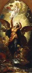 Die Frau, bekleidet mit der Sonne, flieht vor der Verfolgung des Drachen