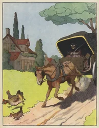 Hühner erschreckt von einem Pferdewagen