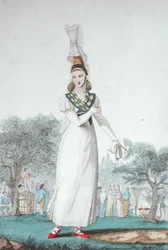 Eine Cauchoise in der traditionellen Festtagskleidung, graviert von Gatine um 1830