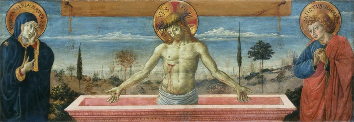 Gozzoli - Christus der Schmerzensmann zwischen der Jungfrau Maria und St. Johannes dem Evangelisten, ca. 1450