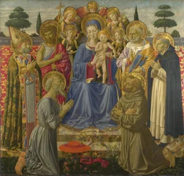 Die Jungfrau und das Kind auf dem Thron unter Engeln und Heiligen, 1460er