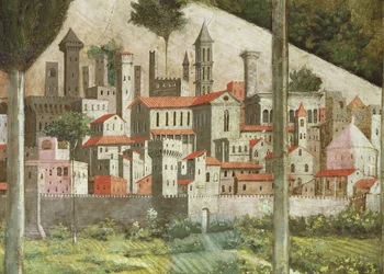 Mittelalterliche Stadt, Detail aus dem Zyklus der Reise der Heiligen Drei Könige in der Kapelle, ca. 1460 (Detail)