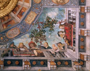 Damen, Musiker und Amoretten auf dem Balkon (Detail)