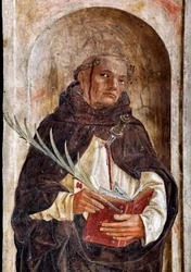 Darstellung des Heiligen Petrus von Verona, Fresko von Bernardino Butinone (1435-1507) 1482-1486, Basilica di Santa Maria delle Grazie, Mailand, Italien