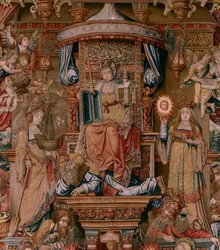 Flämischer Wandteppich. Serie Die Ehren. Glaube. Erster Wandteppich der Serie. Modell von Zeichnern aus dem Kreis von Bernard van Orley und Jan Gossaert (Mabuse). Herstellung Pieter van Aelst, Brüssel. Ca. 1550. Stoff Gold, Silber, Seide und Wolle.