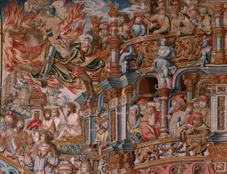 Flämischer Wandteppich. Serie Die Ehren. Ruhm. Dritter Wandteppich der Serie. Modell von Zeichnern aus dem Kreis von Bernard van Orley und Jan Gossaert (Mabuse). Herstellung Pieter van Aelst, Brüssel. Ca. 1550. Stoff Gold, Silber, Seide und Wolle.