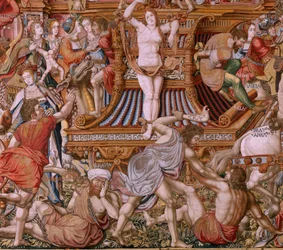 Flämischer Wandteppich. Serie Die Ehren. Schande. Sechster Wandteppich der Serie. Modell Zeichner aus dem Kreis von Bernard van Orley und Jan Gossaert. Herstellung Pieter van Aelst, Brüssel. Ca. 1550