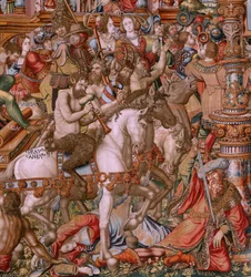 Flämischer Wandteppich. Serie Die Ehren. Schande. Sechster Wandteppich der Serie. Modell von Zeichnern aus dem Kreis von Bernard van Orley und Jan Gossaert (Mabuse). Herstellung Pieter van Aelst, Brüssel. Ca. 1550. Stoff Gold, Silber, Seide und Wolle.