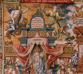 Flämischer Wandteppich. Serie Die Ehren. Adel. Vierter Wandteppich der Serie. Modell Zeichner aus dem Kreis von Bernard van Orley und Jan Gossaert. Herstellung Pieter van Aelst, Brüssel. Ca. 1550