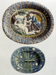 Gott erschafft Eva aus Adams Rippe; Eidechse - Keramikschalen, in „The work of Bernard Palissy“ von C. Delange und C. Borneman, Paris