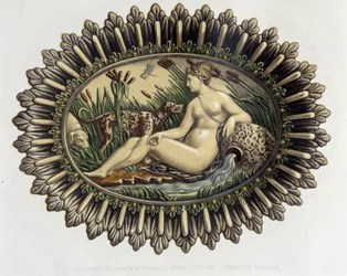 Die Nymphe von Fontainebleau - Keramikplatte, in „Das Werk von Bernard Palissy“ von C. Delange und C. Borneman, Paris