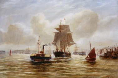 Dampfschlepper zieht ein Schiff an der Mündung des Tyne