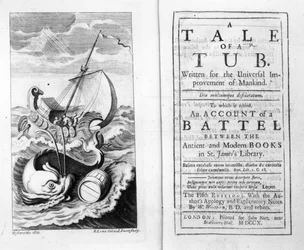 Frontispiz und Titelseite zu A Tale of a Tub von Jonathan Swift, graviert von John Sturt, 1704