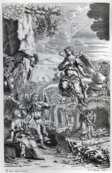 Der Erzengel Uriel informiert Gabriel, dass Satan sich im Garten Eden befindet, Illustration aus „Das verlorene Paradies“ von John Milton, gestochen von P. P. Bouche, sechste Ausgabe, 1695