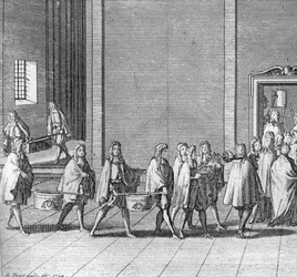 Verschiedene Phasen des Konklaves, Treffen der Kardinäle zur Wahl eines neuen Papstes: die Rationen werden während des Konklaves gemacht (Vatikan: Ankunft von Lebensmitteln während des Konklaves) Gravur aus „Illustration religiöser Zeremonien und Bräuche a